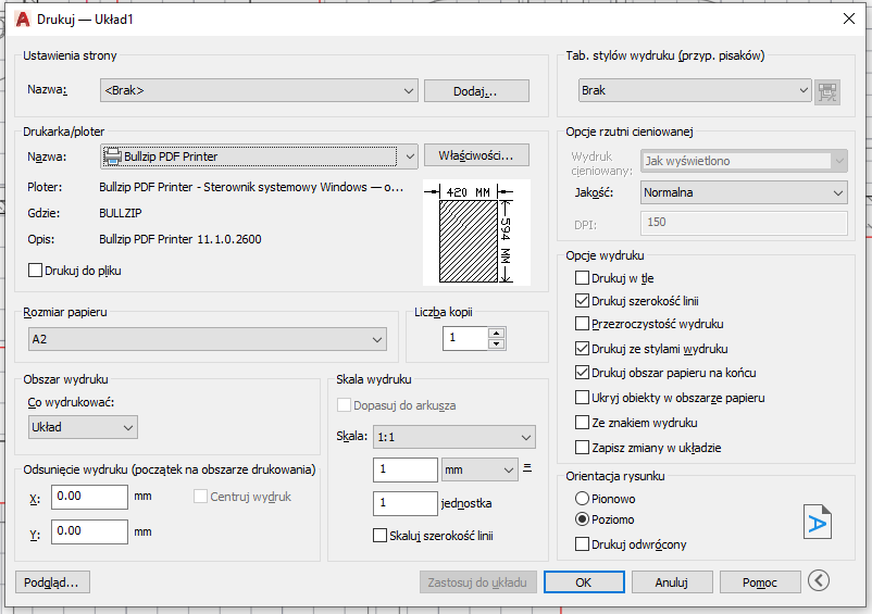 AutoCAD - ustawianie skali wydruku rysunku - ustawienia strony wydruku
